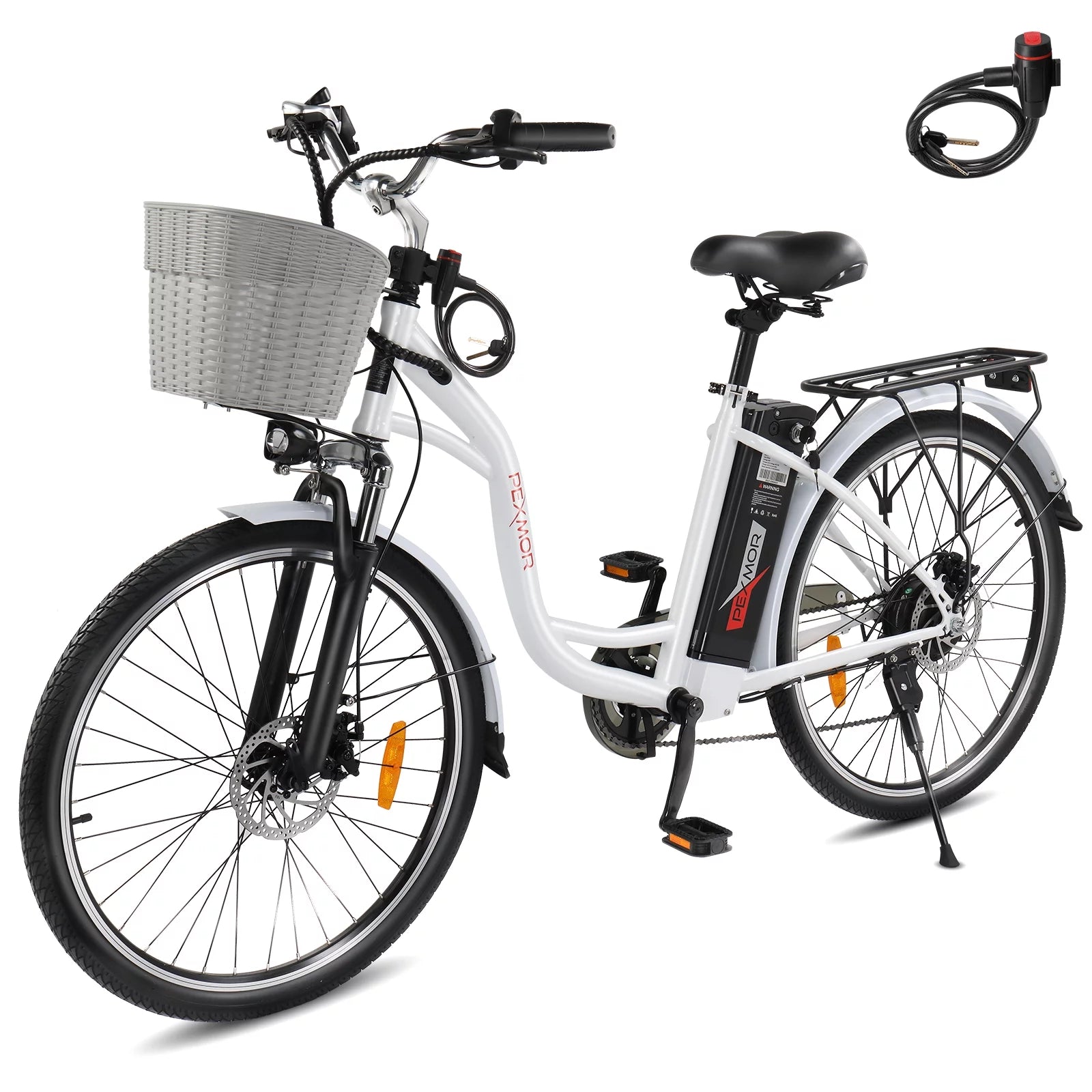 PEXMOR Electric Bike for Adults, 350W Electric City Cruiser Bike  Ebike 36V 12.5AH Removable Battery, 26 Electric Commuter Bicycle Shimano 6-Speed Dual Shock Absorber w/Basket & Headlight
