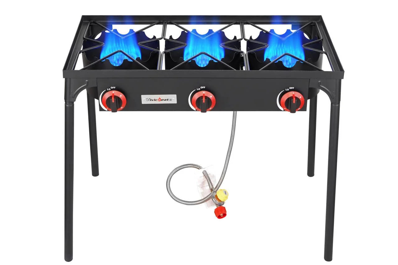 Vivicreate 3 Burner High pressure Propane Stove, 28 Inch Tall Camping Stove with cast iron burner 105000 BTU power, Stable Legs for Outdoor Use