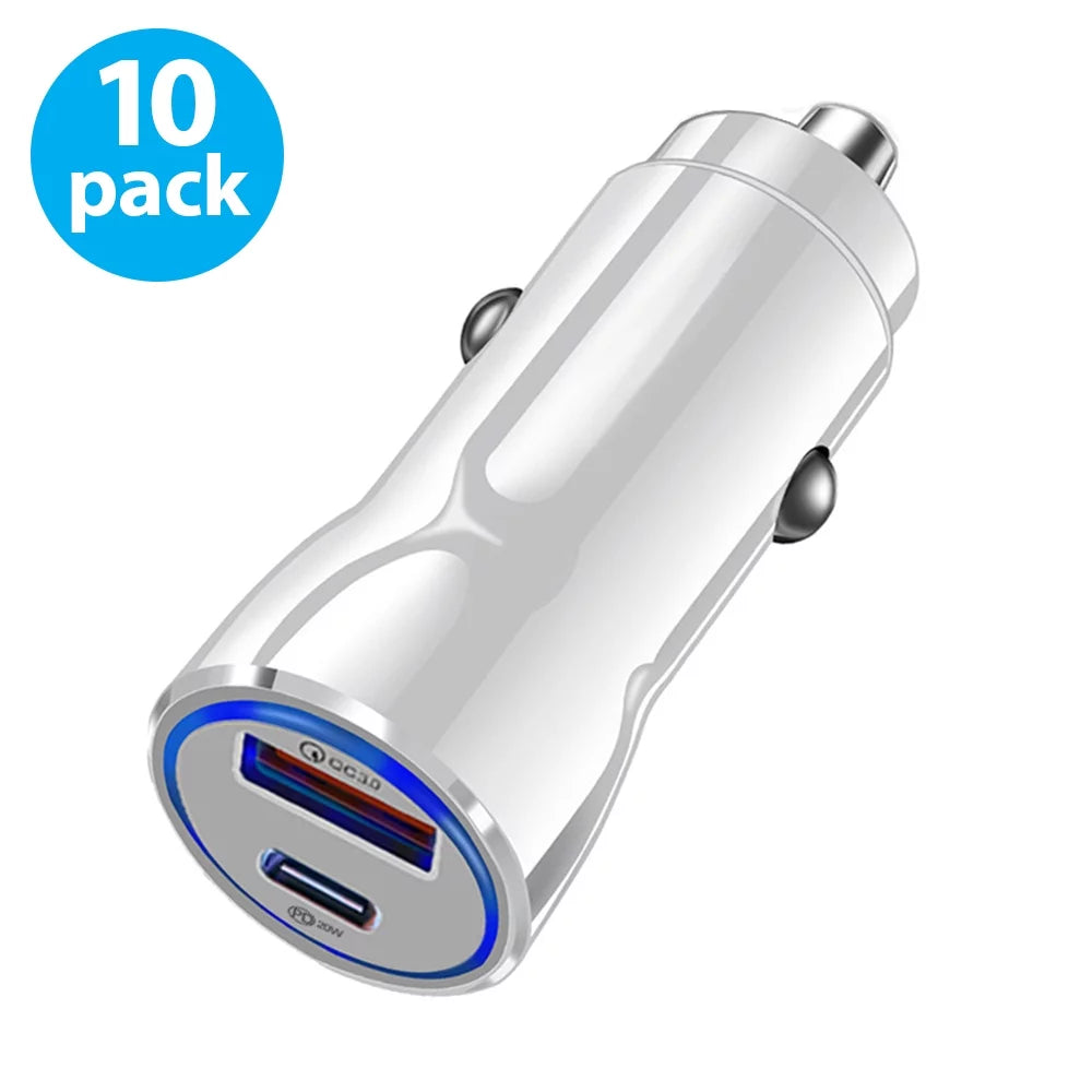 USB C Car Charger, (10-Pack) 30W Fast USB Car Charger PD&QC 3.0 Dual Port Car Adapter Compatible with iPhone 12/12 Pro/Max/12 Mini/iPhone 11/Pro/Max/XR/XS/Max/8, Galaxy S21/20/10/9