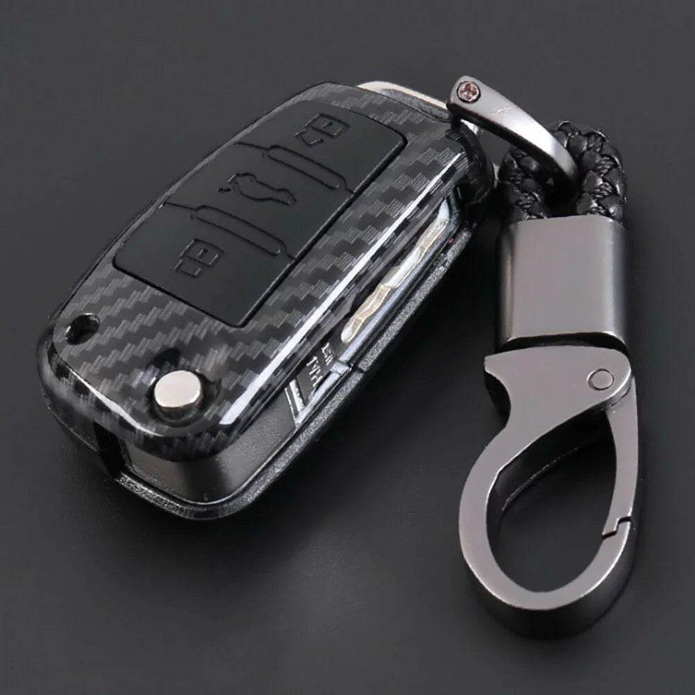 3 Buttons Key Case Carbon Fiber Car Key Cover Chain Remote Flip Fob 68mm x 38mm For Audi (A1-A8 Q3 Q5 S4 R8)