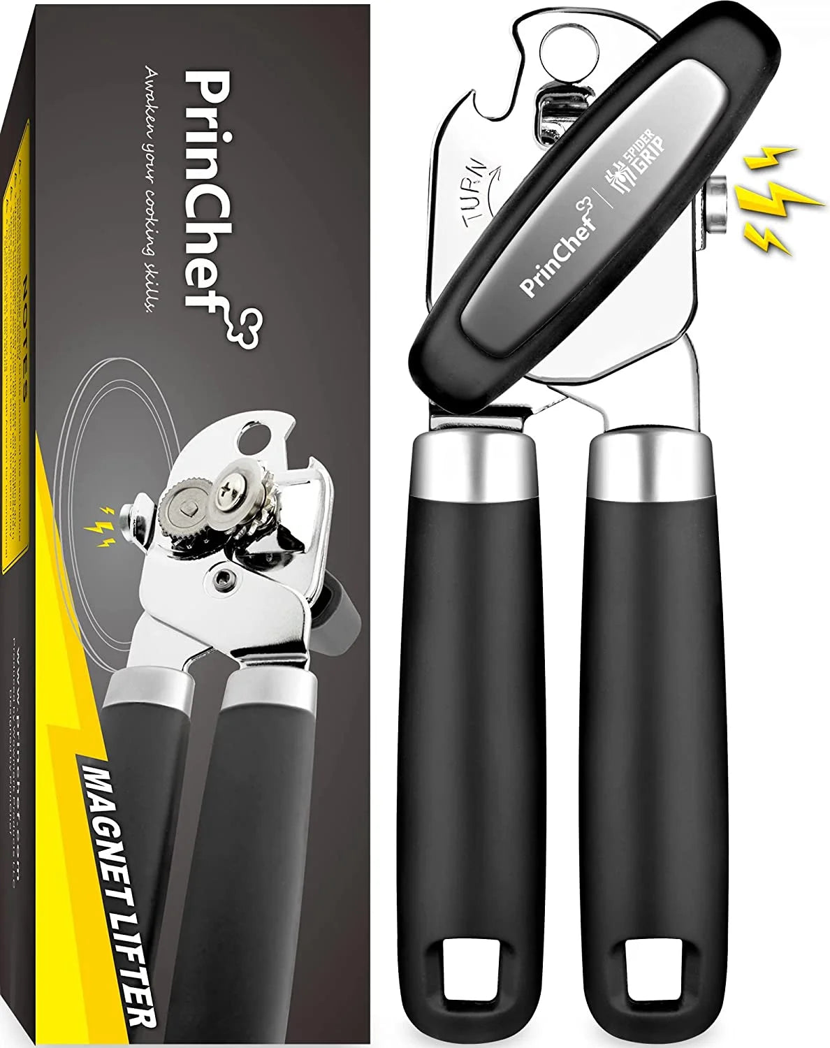 PrinChef Can Opener Manual, Can Opener with Magnet, No-Trouble-Lid-Lift | Handheld Can Opener Smooth Edge with Sharp Blade | Can Openers with Large Effort-Saving Handles, Easy Grip & Heavy Duty, Black
