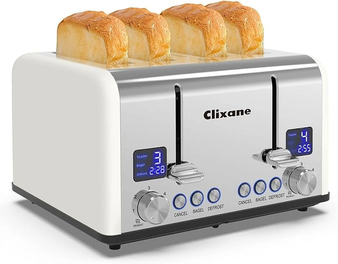 Clixane Toaster 4 Slice, Stainless, LCD Timer, Removal Crumb Tray (White) WT8200E