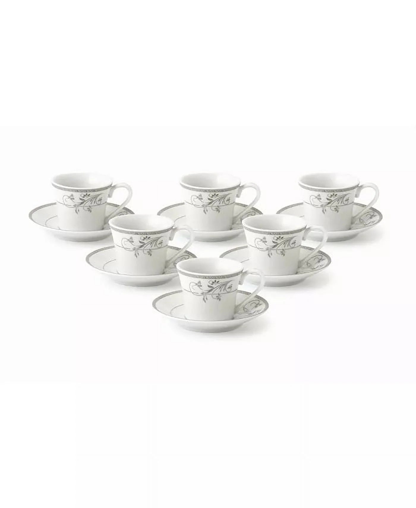 Lorren Home Trends Floral Design 12 Piece 2oz Espresso Cup and Saucer Set,Service for 6, Silver