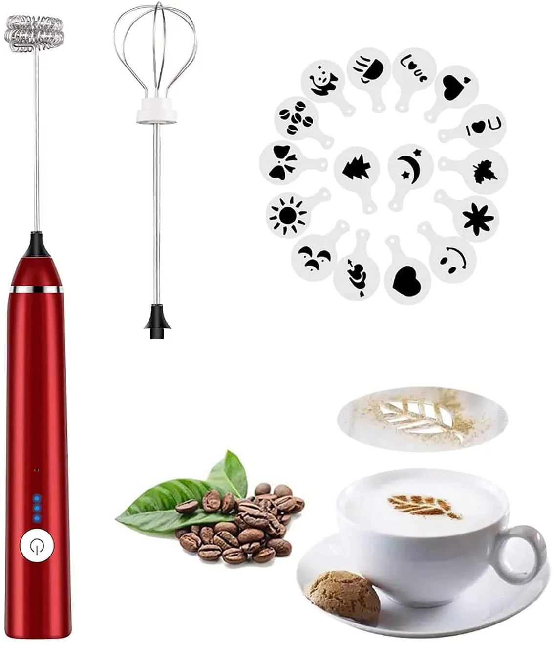Rechargeable Milk Frother Handheld Electric Foam Maker with Stainless Whisk 3 Speed for Bulletproof Coffee Latte Cappuccino Hot Chocolate Black Extra 16 Pcs Art Stencils (Red3.0)