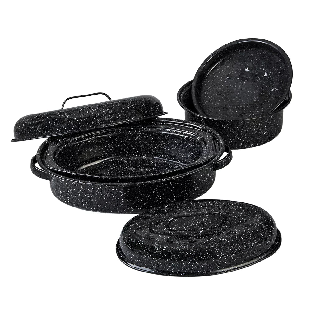 Granite Ware Roasting Set Covered Oval Roaster 13 in and 15 in, Round Roaster 3 lb. (Speckled Black) - Enamelware Roasting Pan, great for Grilling, Boilling, Baking. Dishwasher Safe.