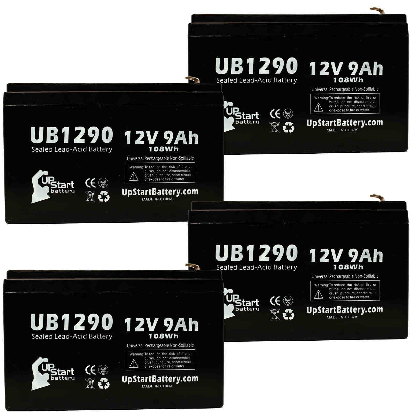 4x Pack - Compatible ADI 5140XM Battery - Replacement UB1290 Universal Sealed Lead Acid Battery (12V, 9Ah, 9000mAh, F1 Terminal, AGM, SLA) - Includes 8 F1 to F2 Terminal Adapters