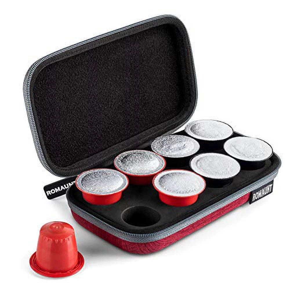 Protective Carrying Case Compatible for Nespresso Orignalline Capsules Travel Coffee Pods Holder Portable Espresso Maker Lightweight Hard Shell Holds 8 Pods Red