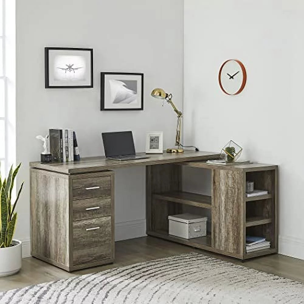 Naomi Home L Shaped Desk with Drawers, 60 Inch Corner Computer Desks, Large L-Shaped Office Table with Open Shelves, 2 Person Home Office Desk with File Cabinet, Gaming L Desk for Bedroom - Natural