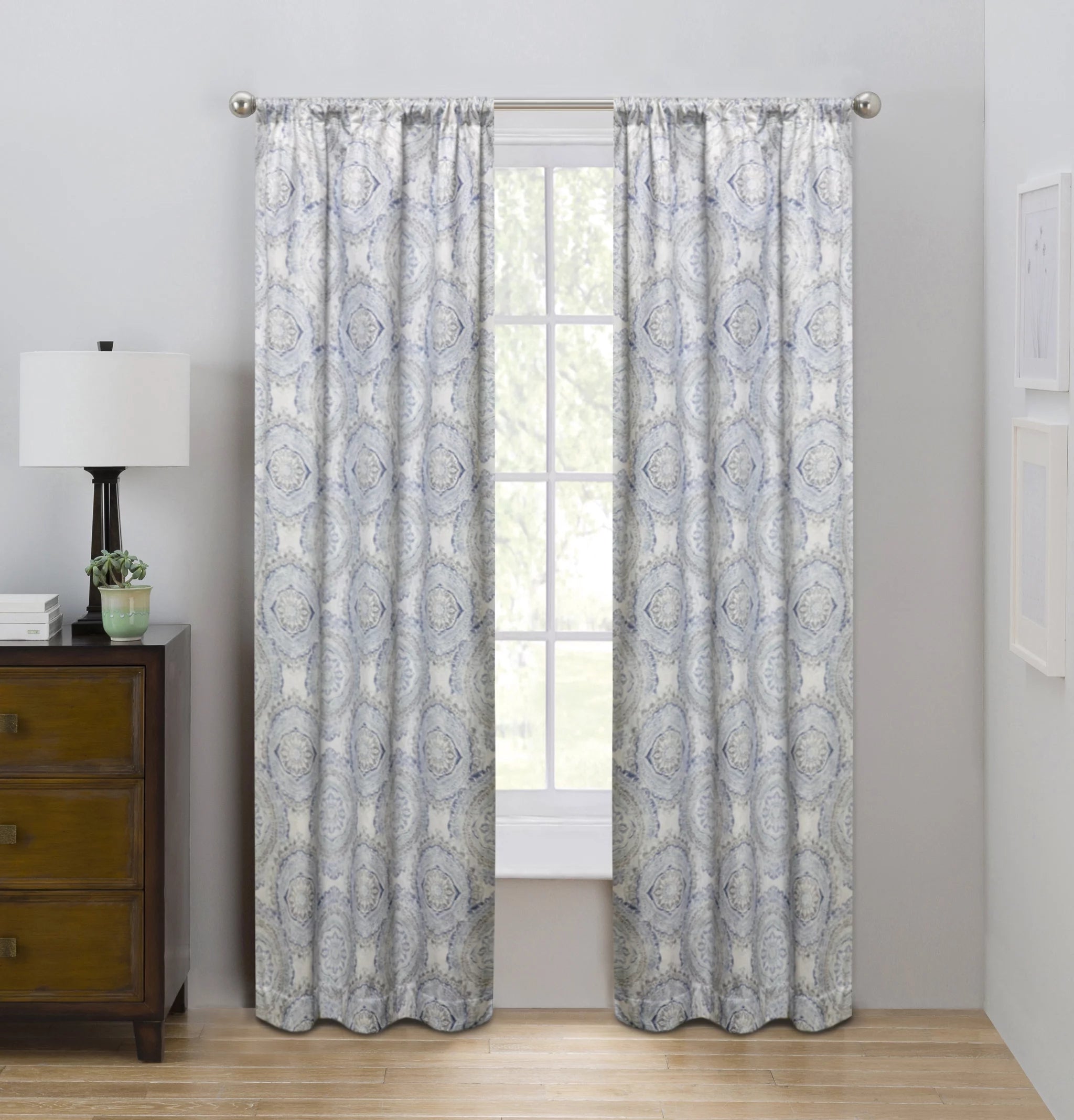 Eclipse Draft Stopper Medallion Print Room Darkening Fleece Lined Rod Pocket Single Curtain Panel, Blue, 42 x 84