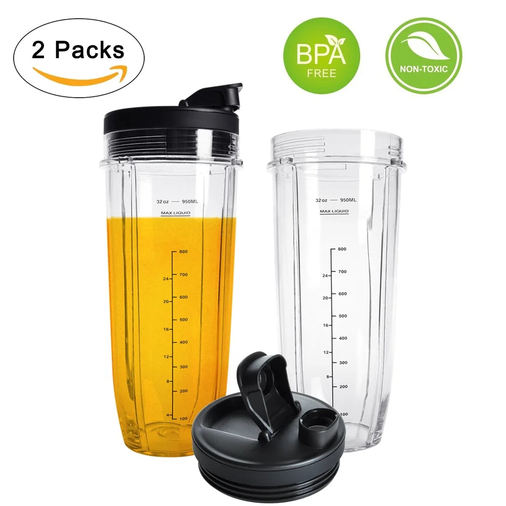 QueenTrade NutriNinja 32OZ Replacement Cups,QT 2Packs Replacement Cups With Sip & Seal Lids