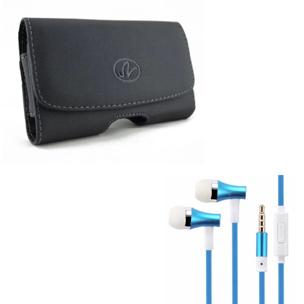 Black Horizontal Leather Case w Blue Earbuds Hands-free Earphones w Mic Y1M for ZTE Quartz, Nubia Z7 Max, Grand X4 X3, ZMax Champ, Warp Elite, Blade X Spark, Axon Pro, Max 2S Force, A1P, 7, 2