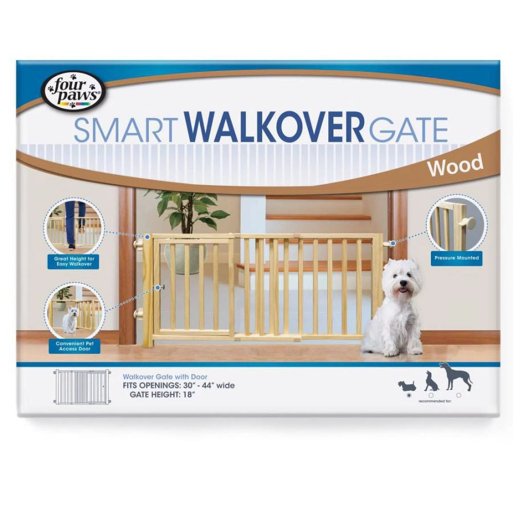 Four Paws Walk Over Wood Safety Gate with Door [Dog, Security Gates Wood & Wire] 30-44 Wide x 18 High