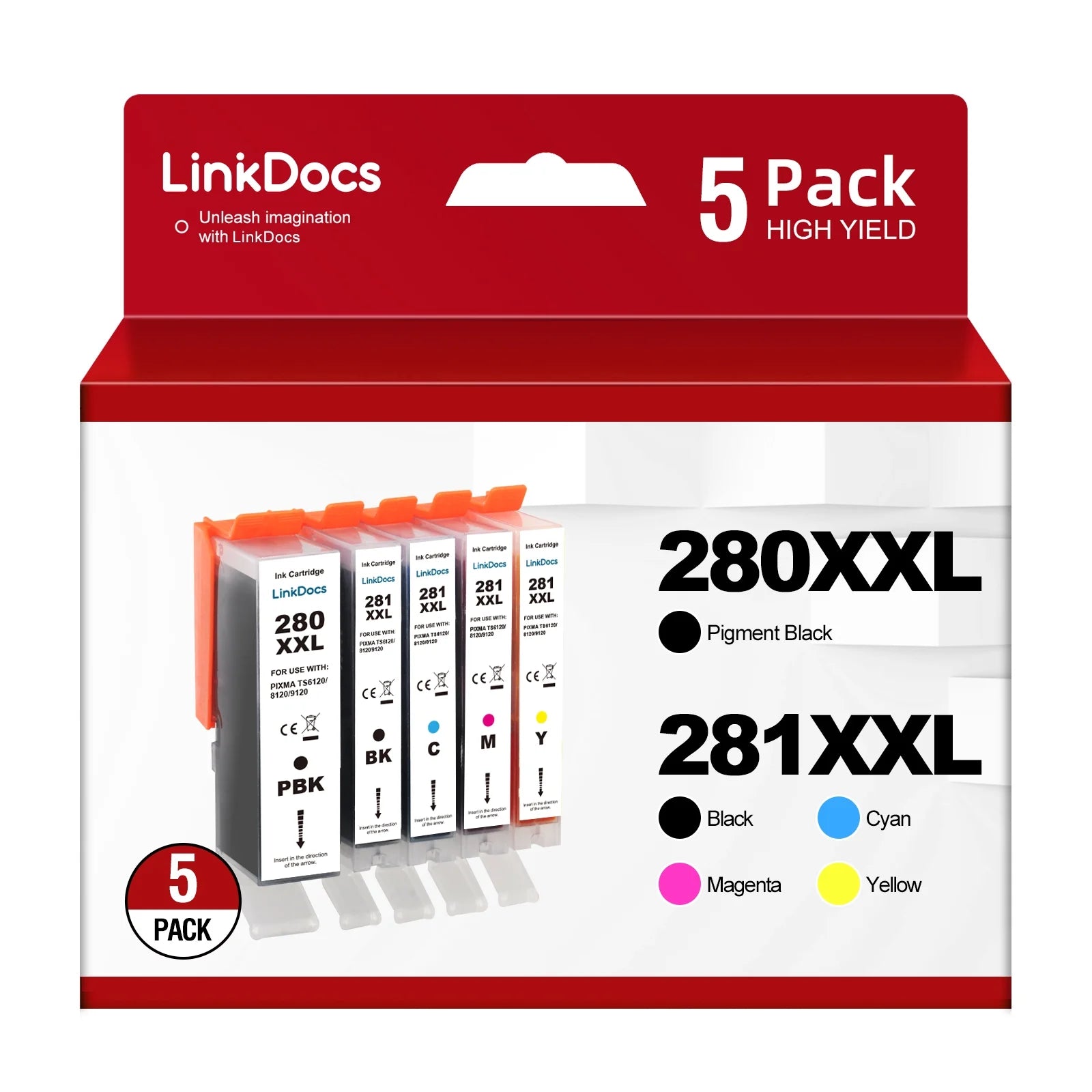 280XXL 281XXL Ink Cartridge Replacement for Canon PGI-280XXL CLI-281XXL work for PIXMA TR7520 TR8520 TS6120 TS6220 TS6320 TS8120 TS8220 TS9120 TS9520 TS9521C Printer (5 Pack)
